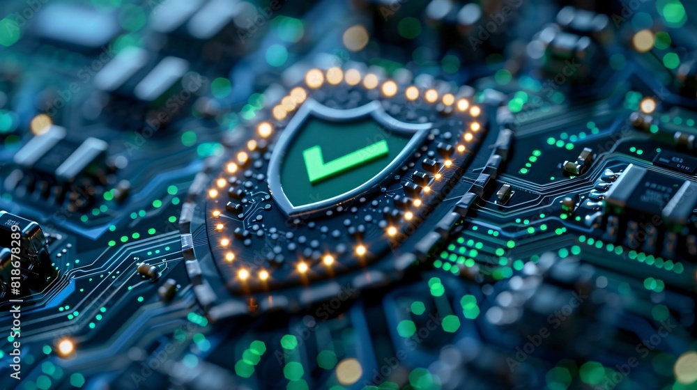 Poster cybersecurity concept with a glowing shield and checkmark on a circuit board representing data prote