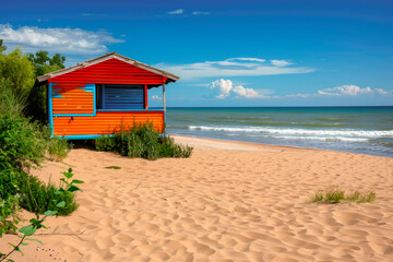 Small beach house on sandy dunes under a blue sky.