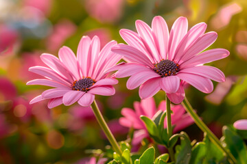 Obraz premium Two pink daisies in a flowers field on sunny summer day. Close-up view.