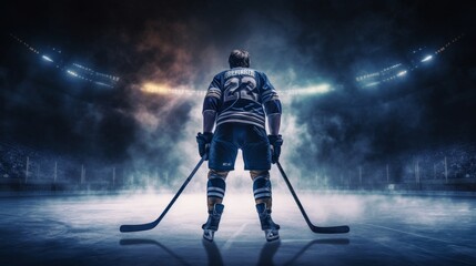 Ice hockey player in action on a rink at night