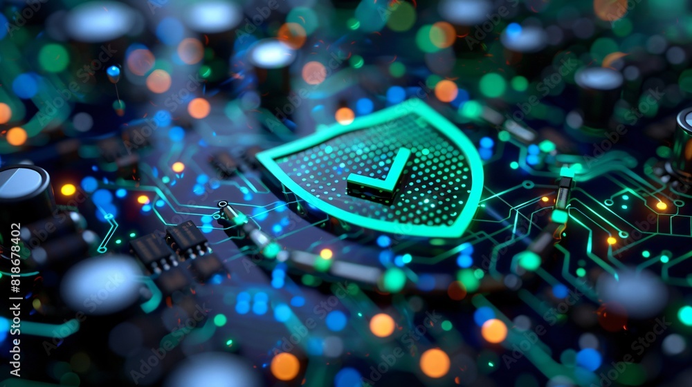 Poster digital cybersecurity concept with a glowing shield icon and checkmark on a circuit board, represent
