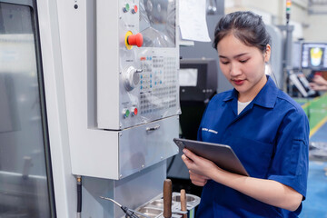 Asian woman industrial engineer wearing uniform looking and check of work on tablet with automated machinery in industrial workshop.