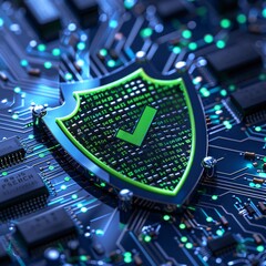 Digital security concept with a green shield and checkmark on a circuit board representing cybersecurity and data protection.