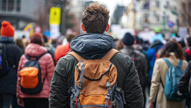 Crowd of people walking in one direction on city street, seen from behind, bustling scene. Street protest, manifestation. Parallax effect. High quality 4k footage