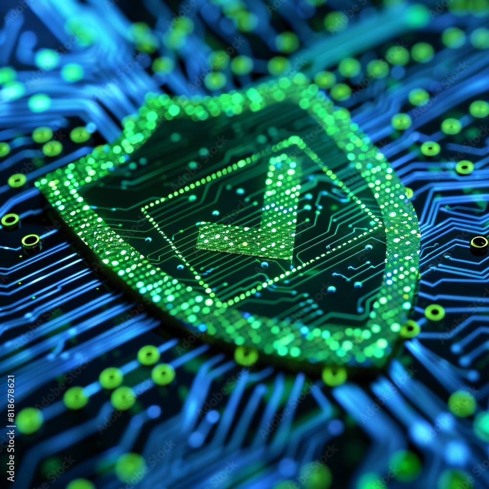 Poster digital shield with check mark on circuit board symbolizing cyber security, data protection, and tec