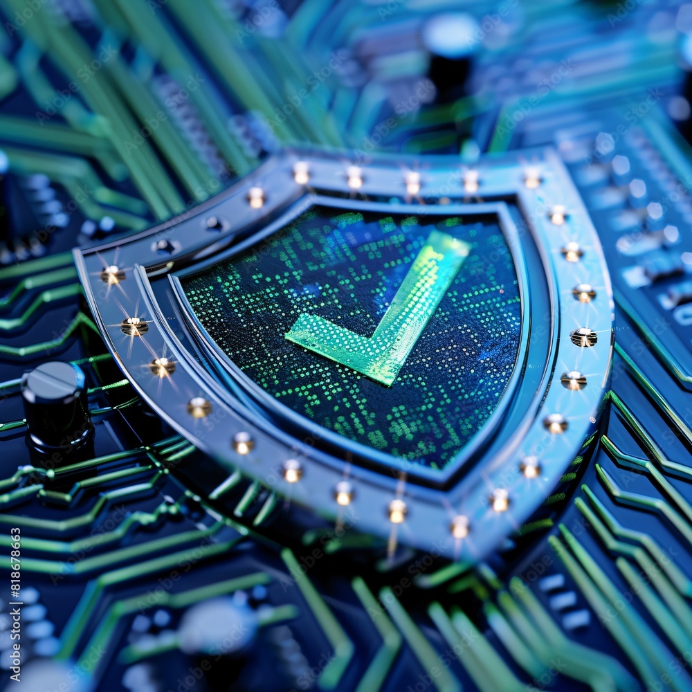 Poster digital shield with checkmark overlay on circuit board symbolizing cybersecurity, data protection, a