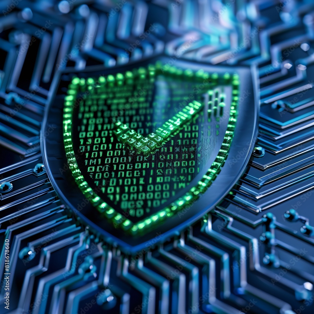 Poster digital shield with glowing checkmark on a futuristic circuit board symbolizing cybersecurity and da