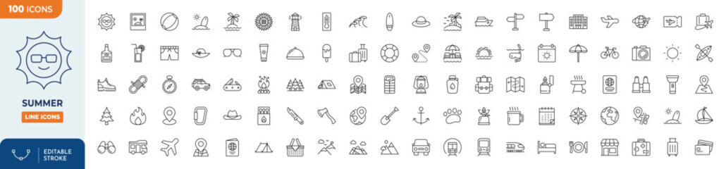 summer line editable icon set. Containing holidays, beach, adventure, travel, summer camp, etc. Editable stroke. Vector illustration  © Cetacons