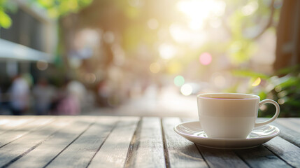 Fototapeta premium Hot coffee on an old wooden table with sunlight filtering through the trees and a blurred community background.
