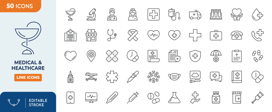 Medical & Healtcare icon set. Containing medical, pharmacy, cardiology, doctor, nurse, insurance, test tube, etc. Outline Icon Collection. Editable stroke. Vector illustration	