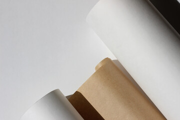 Designer Workplace with Paper Rolls. Project Blueprint Mockups. 