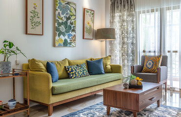 A bright living room with an olive green three seater sofa, blue and yellow throw pillows on the couch. Created with Ai