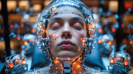 Young man monitoring his brain with sensors electrodes, in white Lab, brain-computer interfaces BCI, electroencephalogram