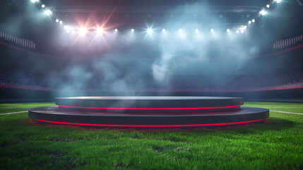 Podium 3D Rendering, realistic football field with grass field, lights and spotlights, area for product display, product promotion, night scene.