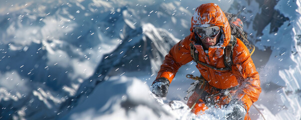 Climber on his way to the top of Mount Everest in orange clothes and complete equipment.