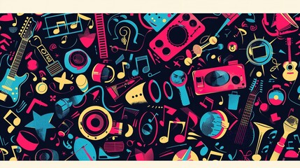 background with cartoon musical pattern. Colorful detailed Retro background with lots of musical instruments objects. funny illustration. Bright colors background with musical symbols and elements.