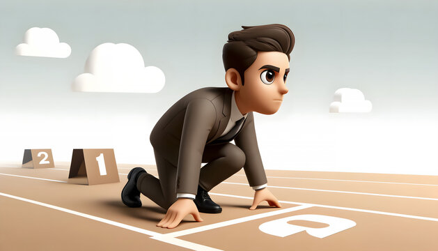Business Blitz! 3D Caricature Man Prepares for a Career Sprint, The Race is On! 3D Cartoon Character in Determined Pose, Business Blitz Begins! 3D Cartoon Character Starts the Grind