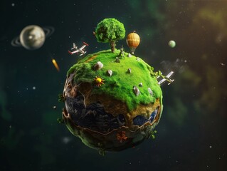 A small, lush planet with a tree, airplanes, and a hot air balloon floating in space, surrounded by stars and planets.