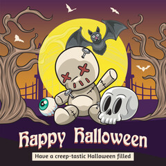 Happy Halloween greeting Night with Doll Skull Bat spooky elements for scary night decoration Orange Background Vector illustration
