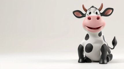 Illustration of a sitting happy cow 3D cartoon style.