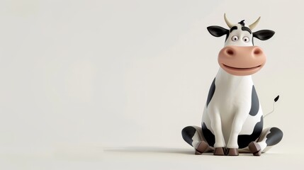 Illustration of a sitting happy cow 3D cartoon style.