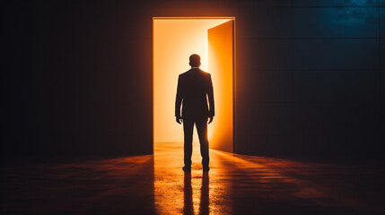 Obraz premium A businessman stands in front of an open door from which fire emanates. Business ideas and challenges A repository of success and gratitude