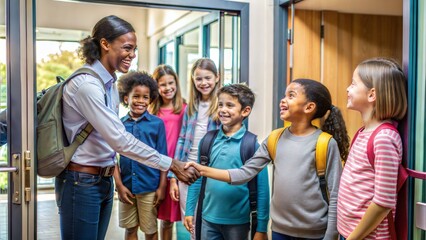 A welcoming teacher greeting diverse students at the classroom door.