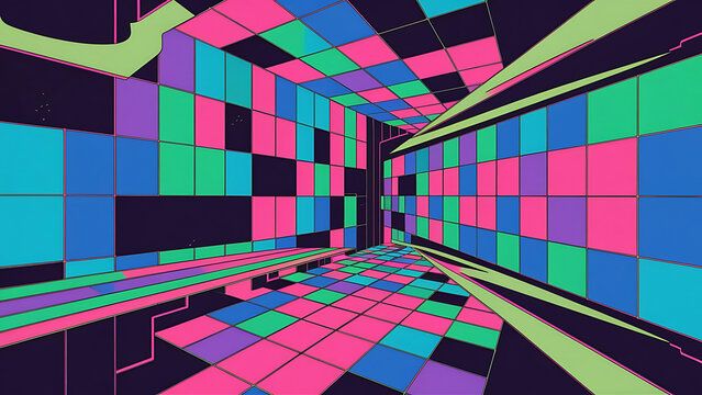 a retro 80s-style grid background with neon colors and a perspective effect