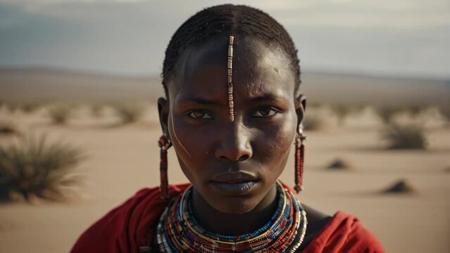 A Masai woman wearing a red dress and a beaded necklace.