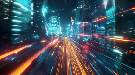 Fototapeta premium 3D futuristic cyberpunk city with blue and pink light trails. Create a sci-fi night city with skyscrapers in the background, night life, technology networks, billboards.