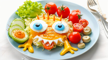 Plate with funny childrens breakfast in shape of alien