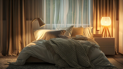 Bedroom interior with morning sunlight and bed linen. Vintage tone,empty double bed with crumpled pillow, morning light high resolution image,Cozy Bedroom Ambiance


