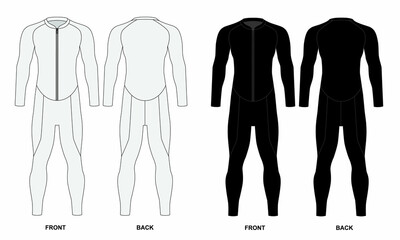 Technical drawing of a men's diving suit, front and back view. Sketch of a monium diving suit, with long sleeves and long pants. Diving suit, drawing on white background. © Iryna