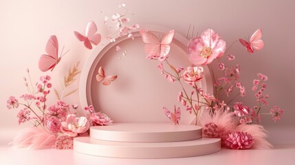 Butterfly podium background pink 3D flower pedestal rose stage cosmetic wedding platform. Background podium gold butterfly arch floral beauty spring presentation shop paper day product mockup showcase
