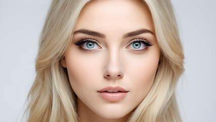 Fototapeta premium a woman with long blonde hair and a blue eyeshadow.
