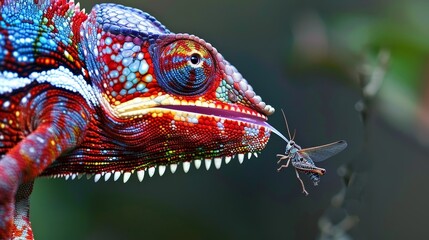Chameleon capturing flying grasshopper near its long tongue in high quality photograph