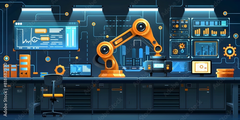Poster robotic workspace for innovative engineering and automation advancements in futuristic workshop seri
