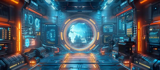 Futuristic Command Center with Holographic Globe and Advanced Digital Interfaces description This image depicts a highly advanced futuristic command