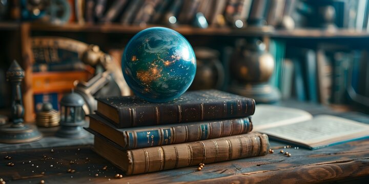 Subscription Box with Sci Fi Themed Books Collectibles and Lifestyle Items on Vintage Wooden Desk with Globe and Books