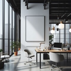 A Room with a mockup poster empty white and with a large table and chairs in office and a large picture frame realistic art harmony used for printing has illustrative.
