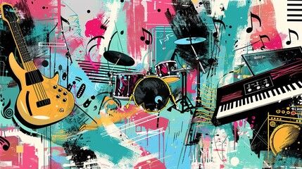 background with cartoon musical pattern. Colorful detailed Retro background with lots of musical...