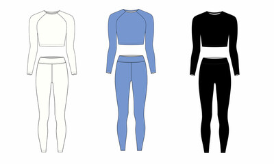 Set of fashionable sportswear for girls, isolate on white background. Drawing of cropped longsleeve and loosies in white, blue, black colors. Template of sports cosume made of elastic materials.