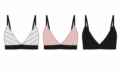 Set of illustrations of simple cut bras, isolate on white background. Collection of pink, black and striped swimsuit bodices. Set of women's summer tops front view.