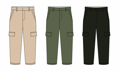 Set of illustrations of pants with side pockets in beige, green and black. Technical drawing of...