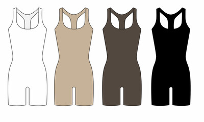 Sketch of cycling shorts and wrestling jersey as a suit, isolate. Image of compression underwear for women in white, beige, black colors. Sketch of tracksuit for yoga, fitness, pilates, cycling, swimm