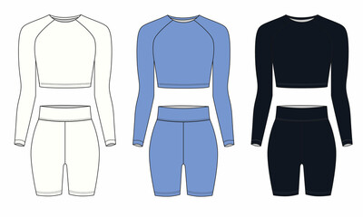 Technical drawing of fashionable, women's, sportswear made of elastic materials, white, blue, black colors. Sketch of bicycle shorts and long-sleeved cropped top, isolate on white background.