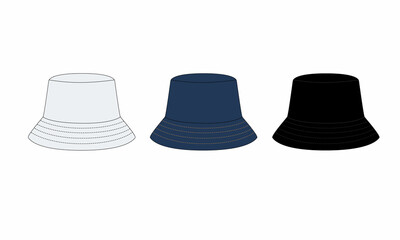 Set of fedora summer hat drawings isolate on white background. Collection of panama hat drawings in white, blue and black colors. Template of a simple panama with round margins.