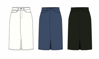 Illustration of women's denim skirt, isolate on white background. Drawing of midi skirt with pockets and zipper, front and back view. Template of fashionable skirt in white, blue, black colors.