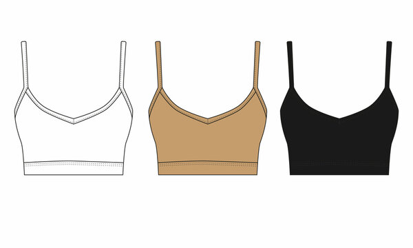 Swimsuit bodice collection in beige, black and white colors. Set of women's summer cropped tops front view. Set of illustrations of simple cut bras, isolate on white background.