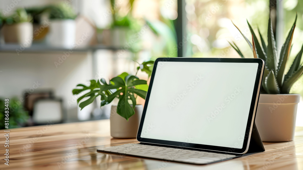 Wall mural digital tablet screen mockup on a wooden desk, isolated with ample space for app interface and websi